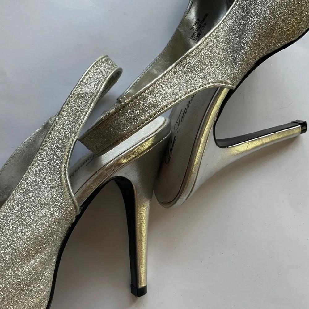 Lulu‎ Townsend Silver Glitter Peep Toe Slingback Platform Pumps Heels Stiletto 7